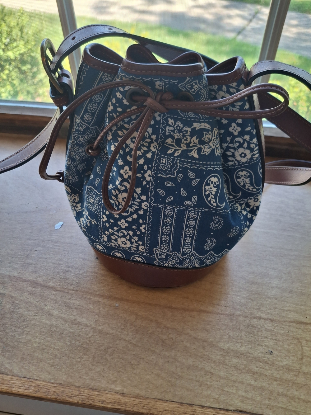 Sézane Mini Farrow Bag In Blue Bandana with Brown Leather Trim